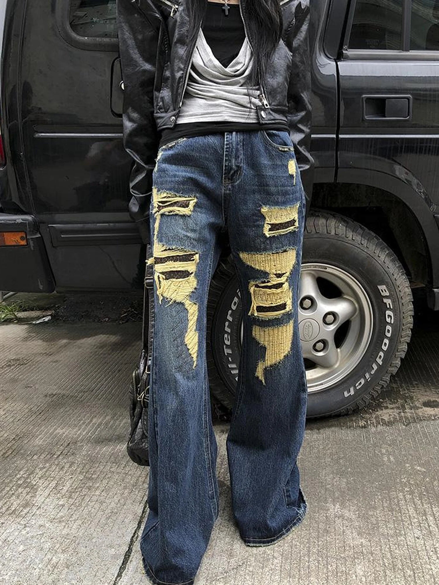 Vintage Light Wash Frayed Hem Patchwork Leopard Ripped Flared Jeans