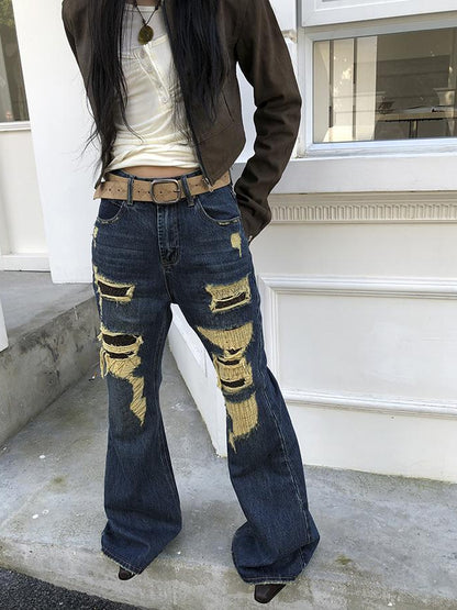 ang project Vintage Light Wash Frayed Hem Patchwork Leopard Ripped Flared Jeans