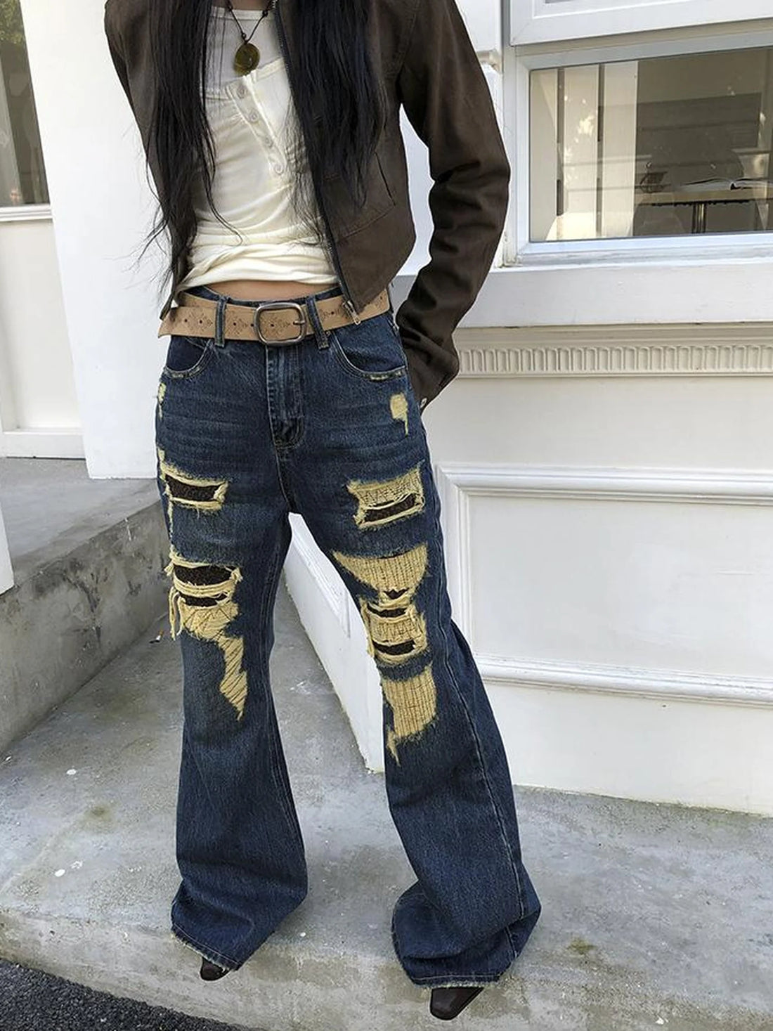 Vintage Light Wash Frayed Hem Patchwork Leopard Ripped Flared Jeans