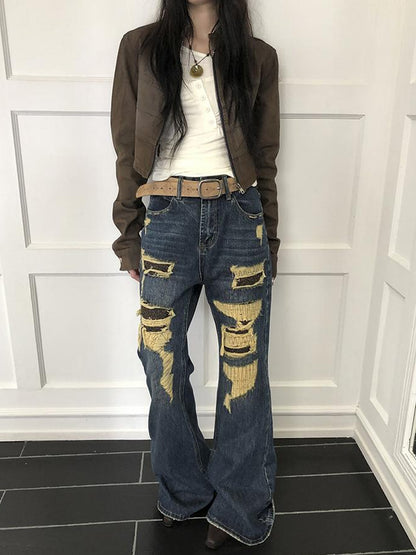 ang project Vintage Light Wash Frayed Hem Patchwork Leopard Ripped Flared Jeans