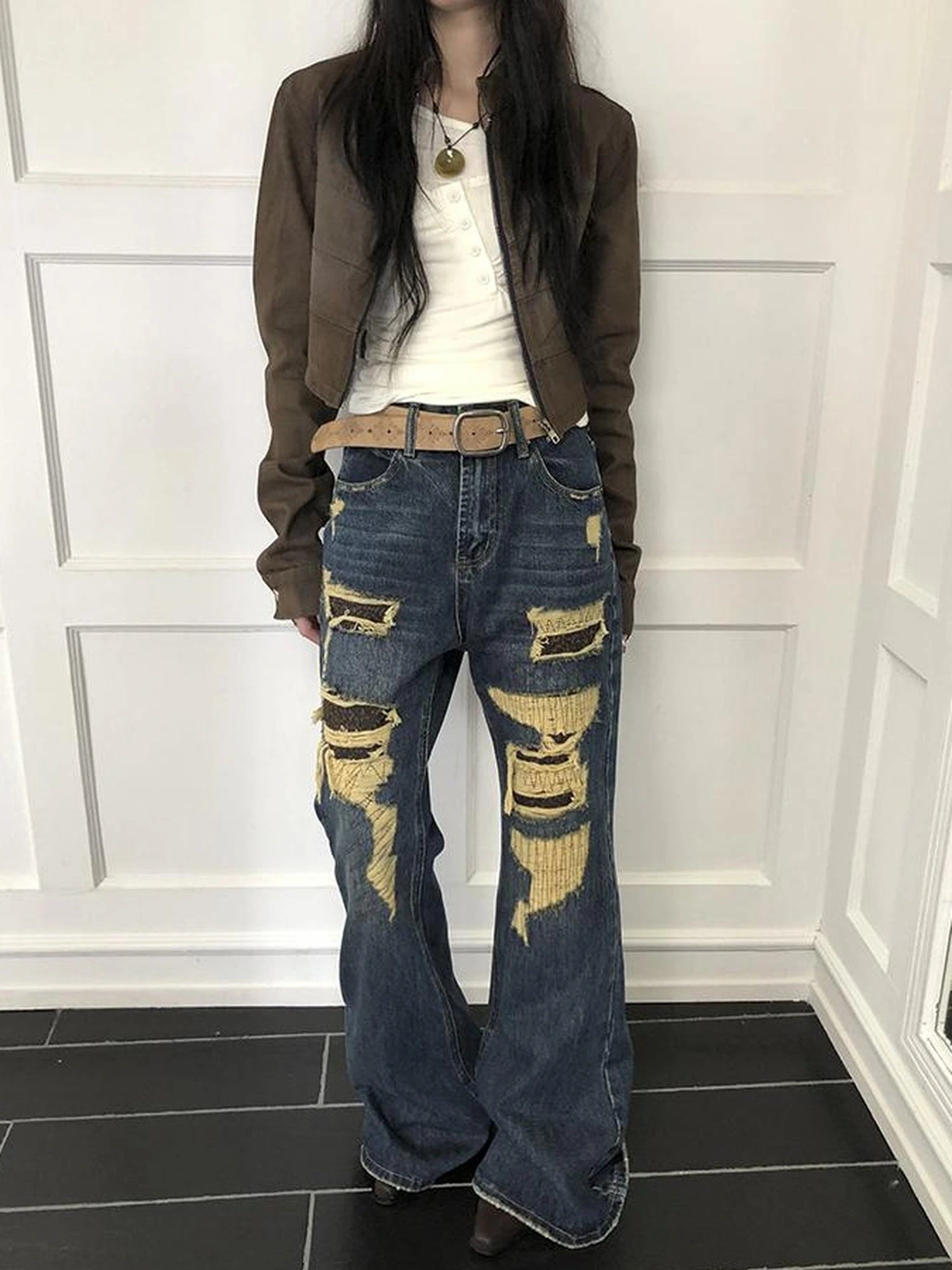 Vintage Light Wash Frayed Hem Patchwork Leopard Ripped Flared Jeans