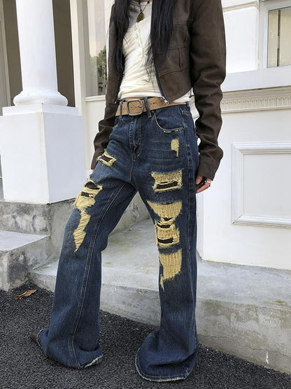 ang project Vintage Light Wash Frayed Hem Patchwork Leopard Ripped Flared Jeans