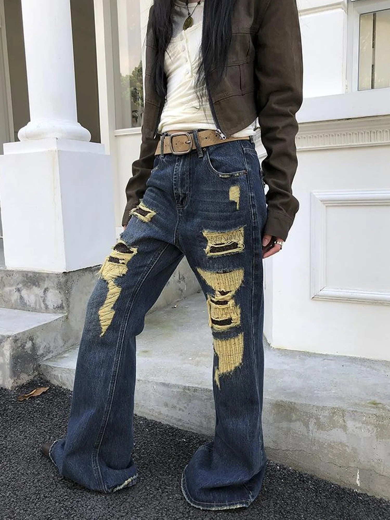 Vintage Light Wash Frayed Hem Patchwork Leopard Ripped Flared Jeans