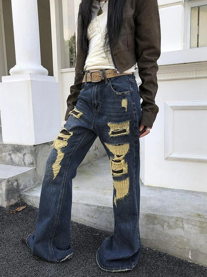 Vintage Light Wash Frayed Hem Patchwork Leopard Ripped Flared Jeans