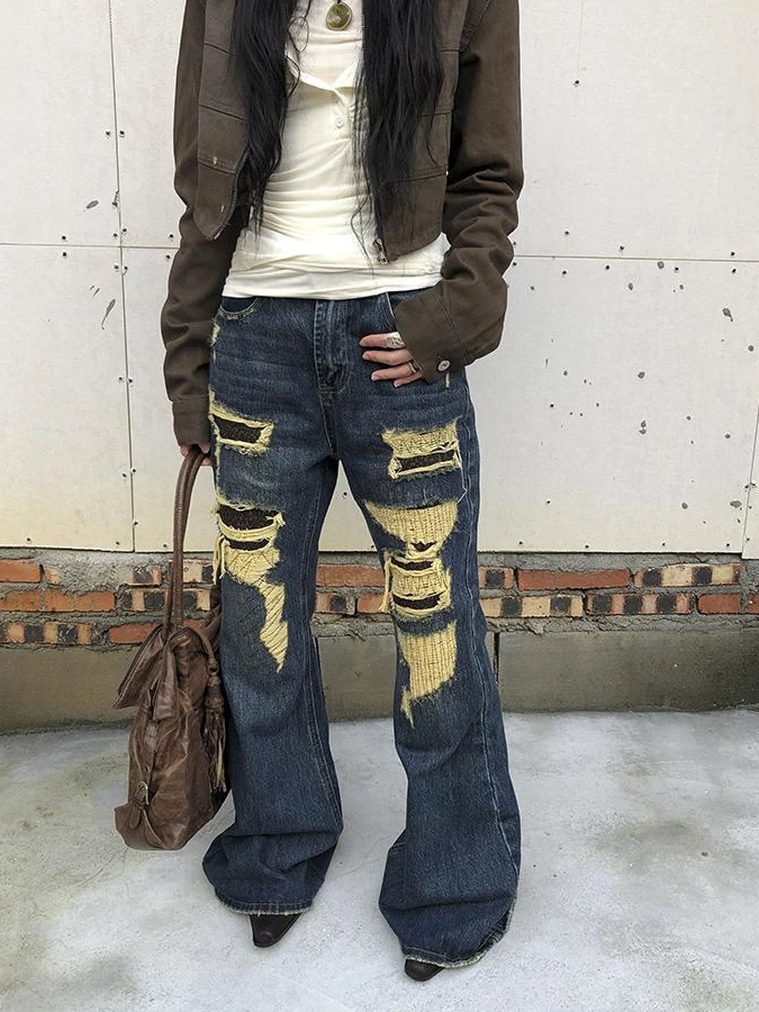 Vintage Light Wash Frayed Hem Patchwork Leopard Ripped Flared Jeans