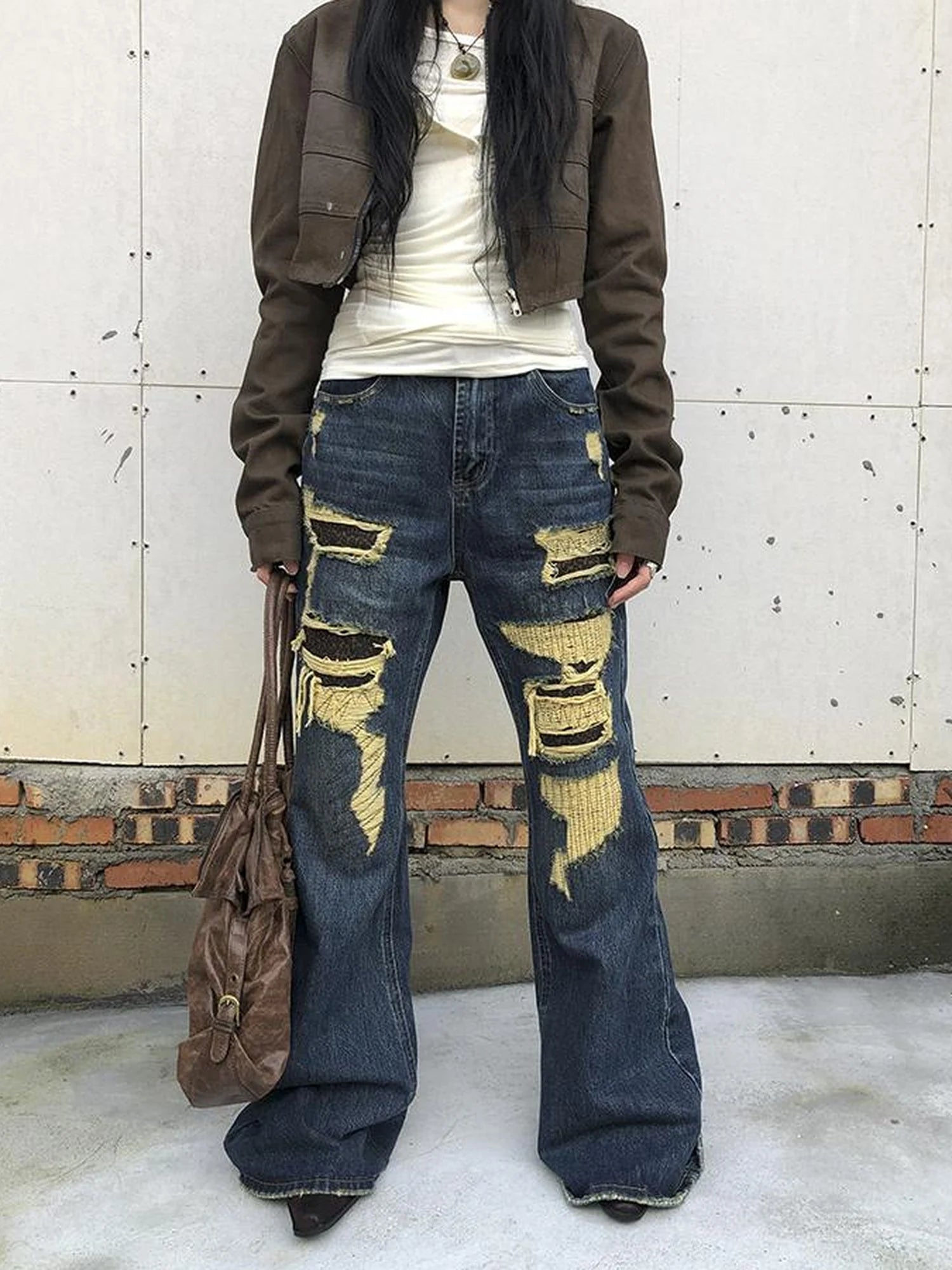 Vintage Light Wash Frayed Hem Patchwork Leopard Ripped Flared Jeans