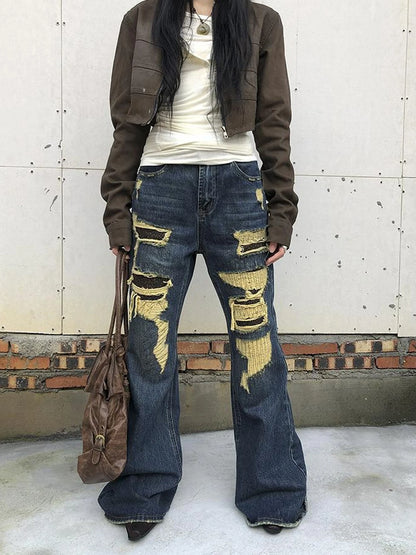 Vintage Light Wash Frayed Hem Patchwork Leopard Ripped Flared Jeans