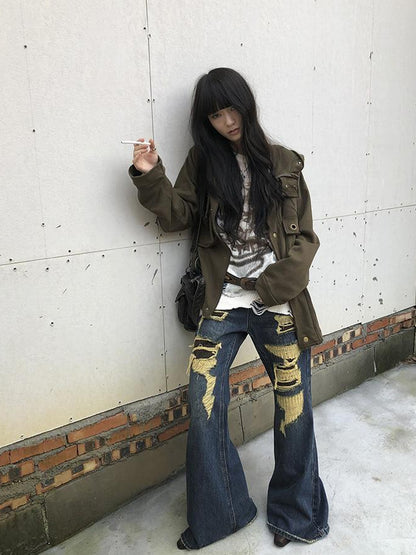 ang project Vintage Light Wash Frayed Hem Patchwork Leopard Ripped Flared Jeans