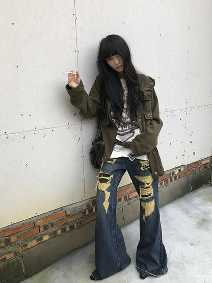 Vintage Light Wash Frayed Hem Patchwork Leopard Ripped Flared Jeans