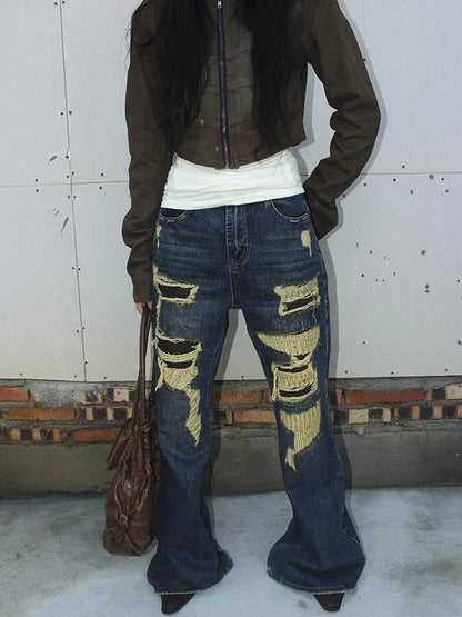 Vintage Light Wash Frayed Hem Patchwork Leopard Ripped Flared Jeans