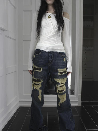 Vintage Light Wash Frayed Hem Patchwork Leopard Ripped Flared Jeans