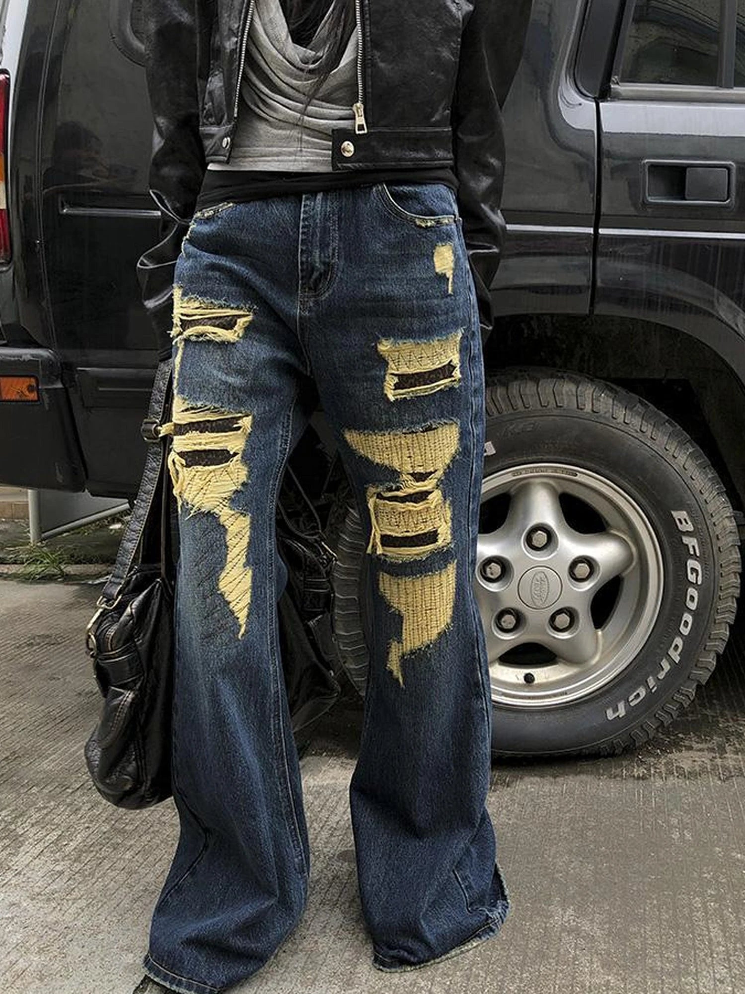 Vintage Light Wash Frayed Hem Patchwork Leopard Ripped Flared Jeans