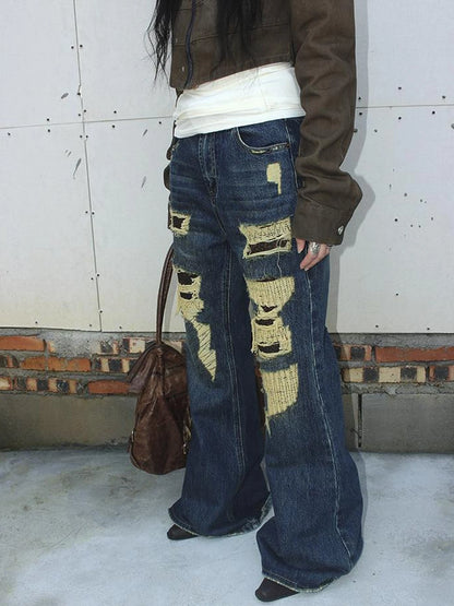 Vintage Light Wash Frayed Hem Patchwork Leopard Ripped Flared Jeans