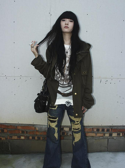 ang project Vintage Light Wash Frayed Hem Patchwork Leopard Ripped Flared Jeans