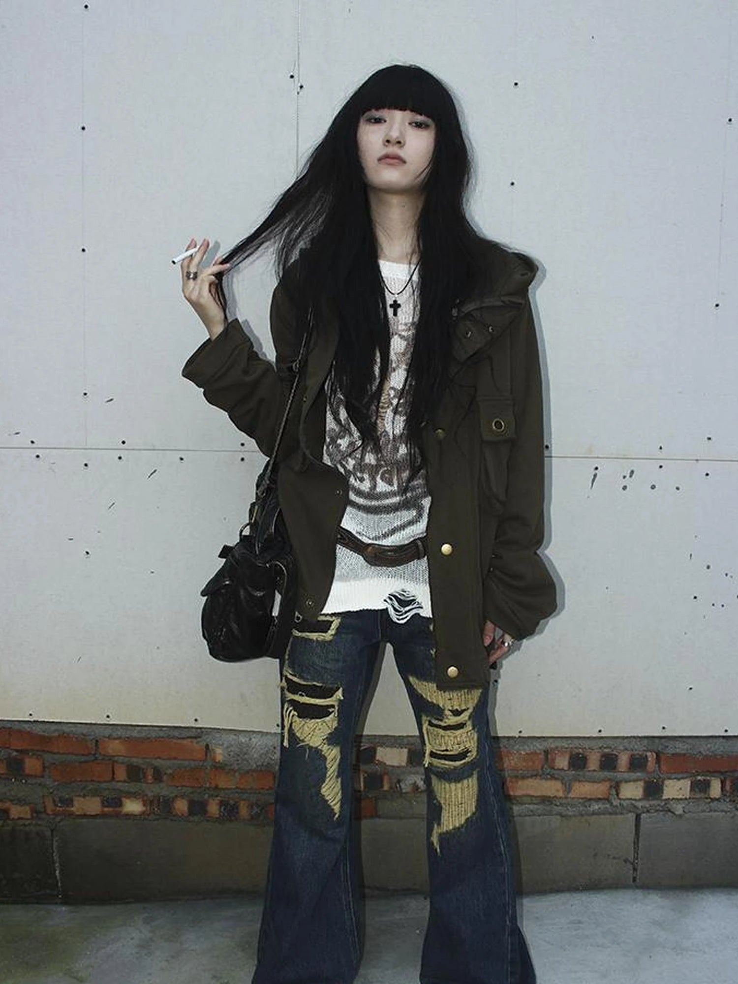 Vintage Light Wash Frayed Hem Patchwork Leopard Ripped Flared Jeans