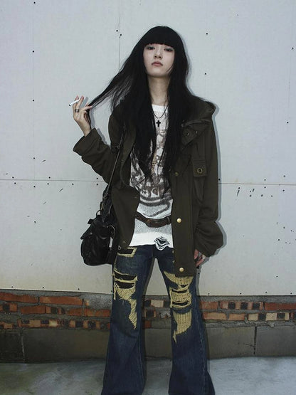 Vintage Light Wash Frayed Hem Patchwork Leopard Ripped Flared Jeans