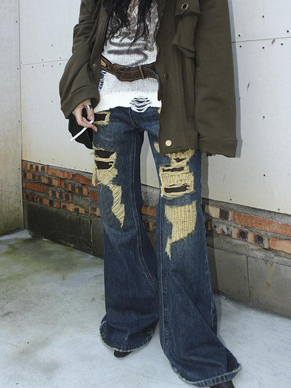 ang project Vintage Light Wash Frayed Hem Patchwork Leopard Ripped Flared Jeans