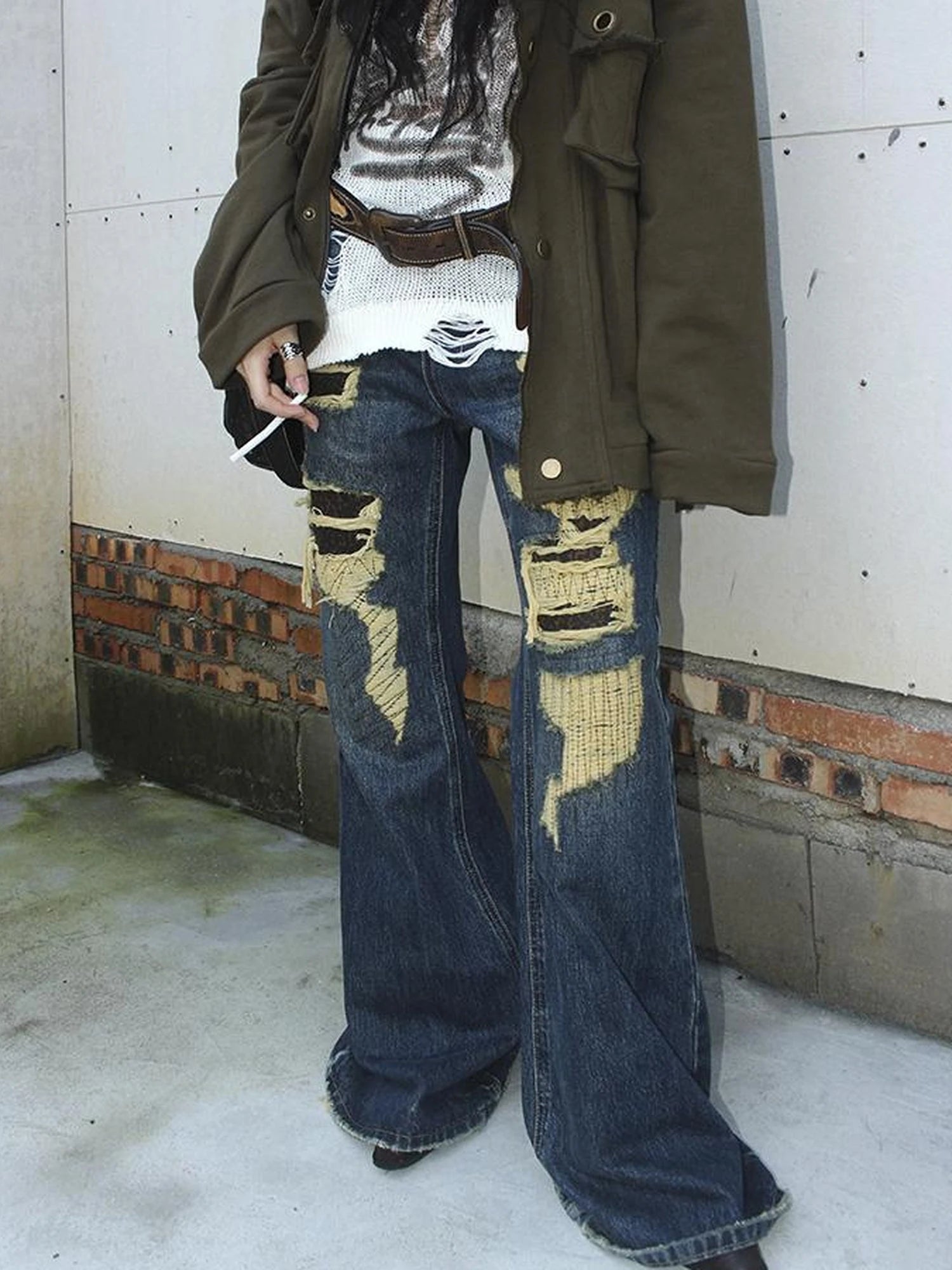 Vintage Light Wash Frayed Hem Patchwork Leopard Ripped Flared Jeans