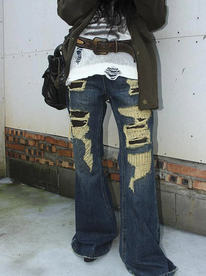 Vintage Light Wash Frayed Hem Patchwork Leopard Ripped Flared Jeans