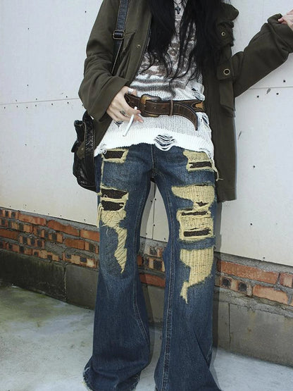 Vintage Light Wash Frayed Hem Patchwork Leopard Ripped Flared Jeans
