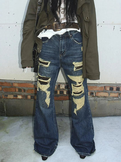 Vintage Light Wash Frayed Hem Patchwork Leopard Ripped Flared Jeans