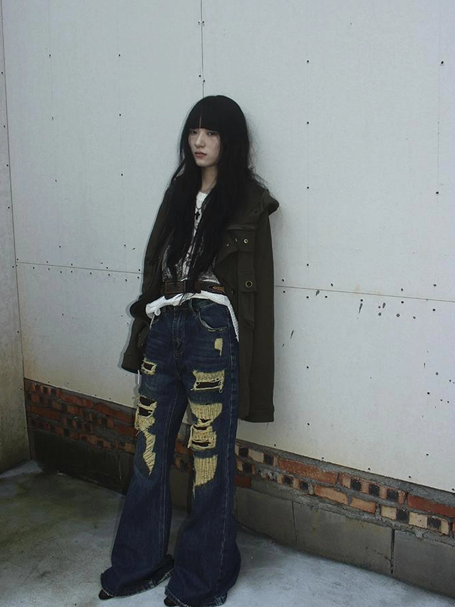 Vintage Light Wash Frayed Hem Patchwork Leopard Ripped Flared Jeans