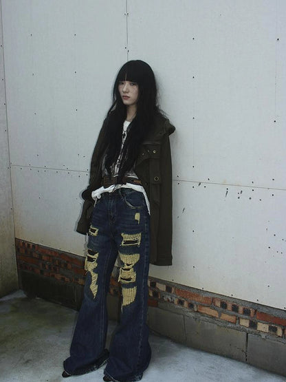 Vintage Light Wash Frayed Hem Patchwork Leopard Ripped Flared Jeans