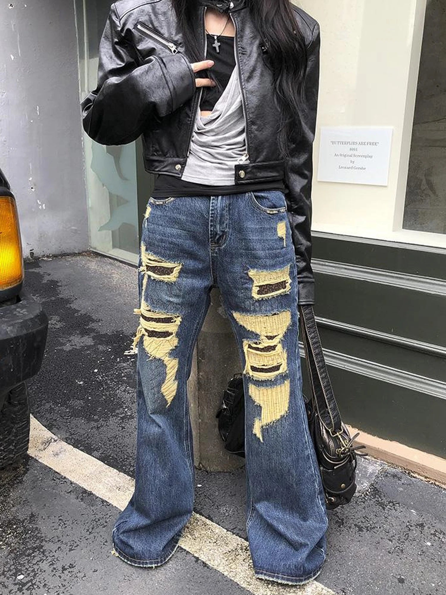 Vintage Light Wash Frayed Hem Patchwork Leopard Ripped Flared Jeans