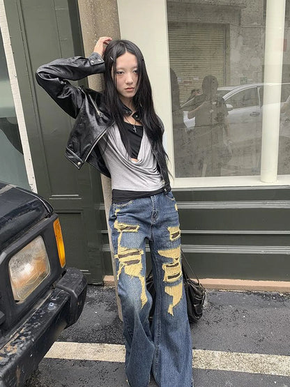 Vintage Light Wash Frayed Hem Patchwork Leopard Ripped Flared Jeans