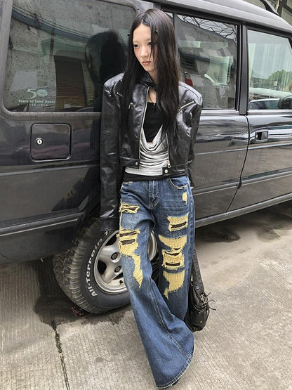 ang project Vintage Light Wash Frayed Hem Patchwork Leopard Ripped Flared Jeans