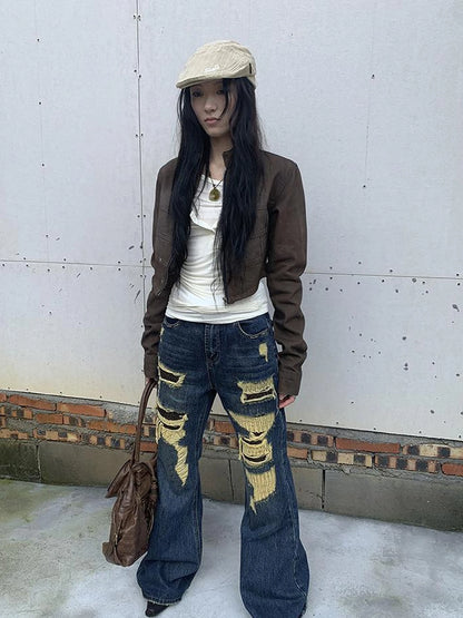 Vintage Light Wash Frayed Hem Patchwork Leopard Ripped Flared Jeans