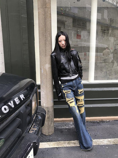 ang project Vintage Light Wash Frayed Hem Patchwork Leopard Ripped Flared Jeans