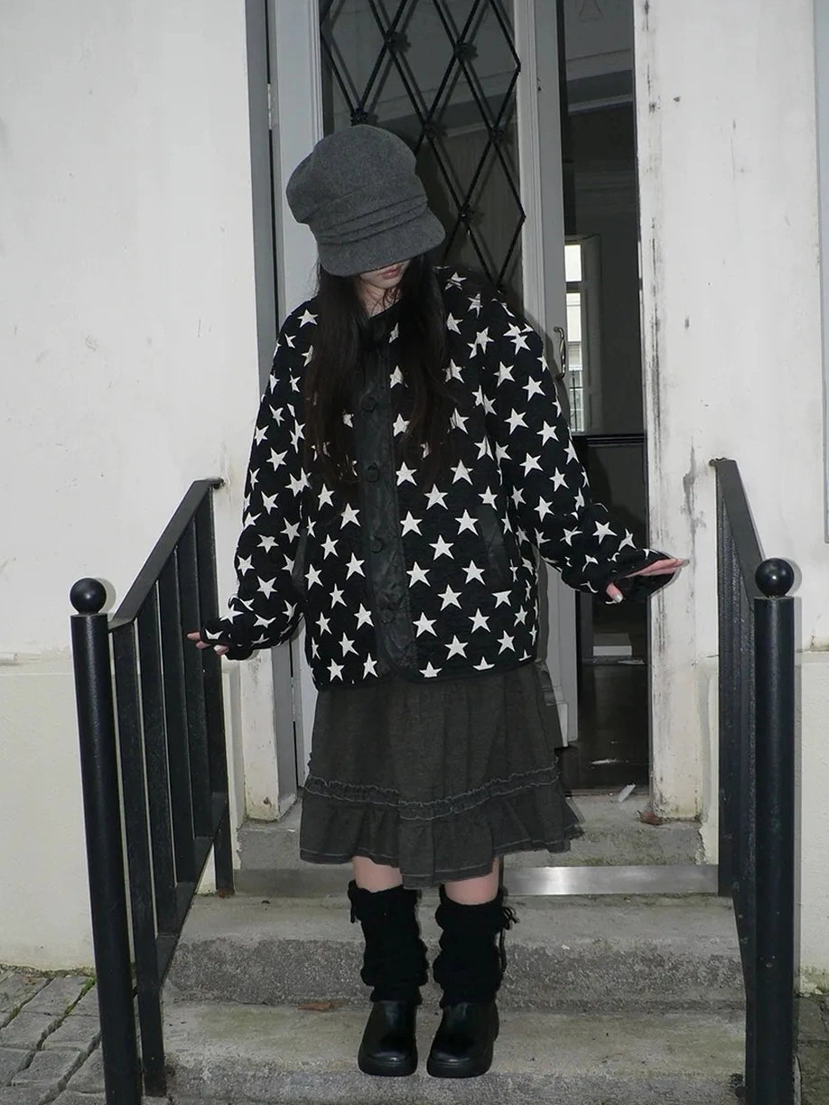 ang project Vintage Loose Fit Star Print Cotton Jacket Padded Jacket