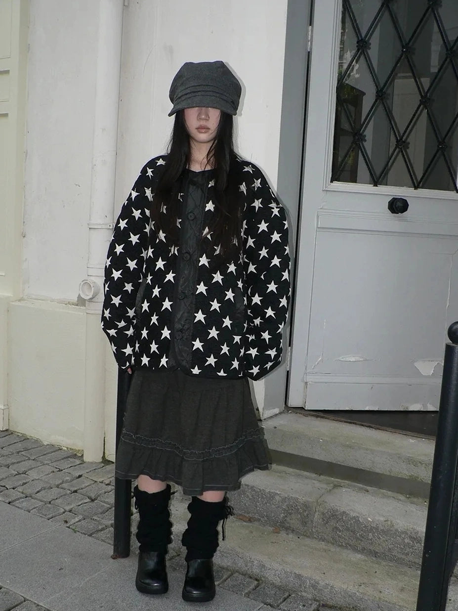 ang project Vintage Loose Fit Star Print Cotton Jacket Padded Jacket