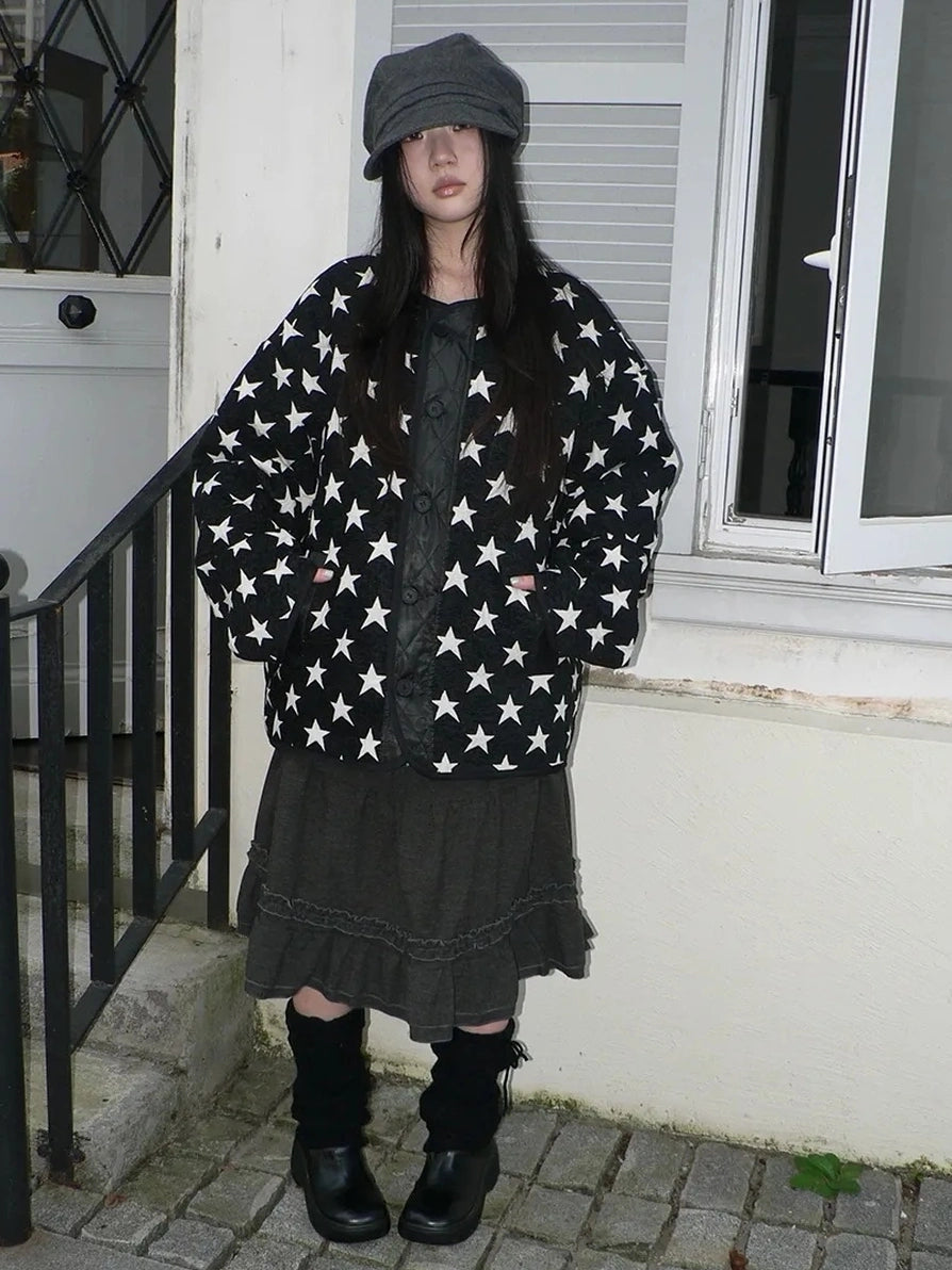 ang project Vintage Loose Fit Star Print Cotton Jacket Padded Jacket