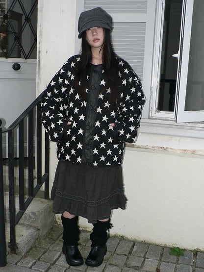ang project Vintage Loose Fit Star Print Cotton Jacket Padded Jacket