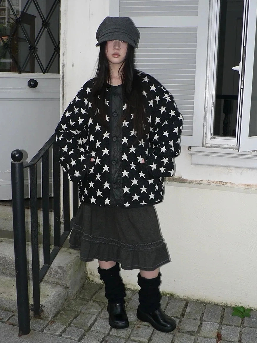 ang project Vintage Loose Fit Star Print Cotton Jacket Padded Jacket
