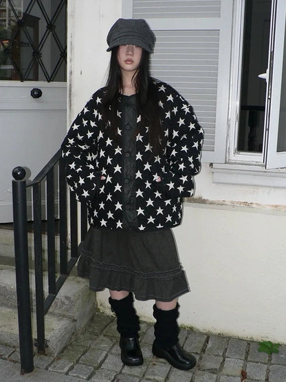 ang project Vintage Loose Fit Star Print Cotton Jacket Padded Jacket