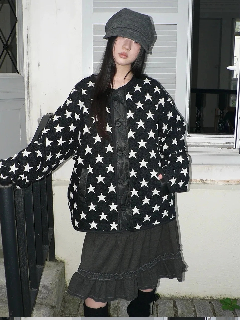 ang project Vintage Loose Fit Star Print Cotton Jacket Padded Jacket