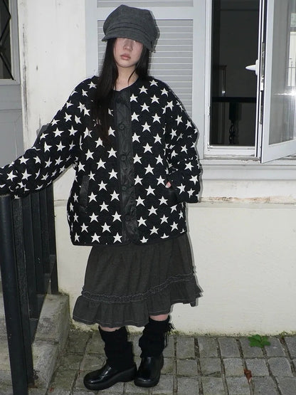 ang project Vintage Loose Fit Star Print Cotton Jacket Padded Jacket