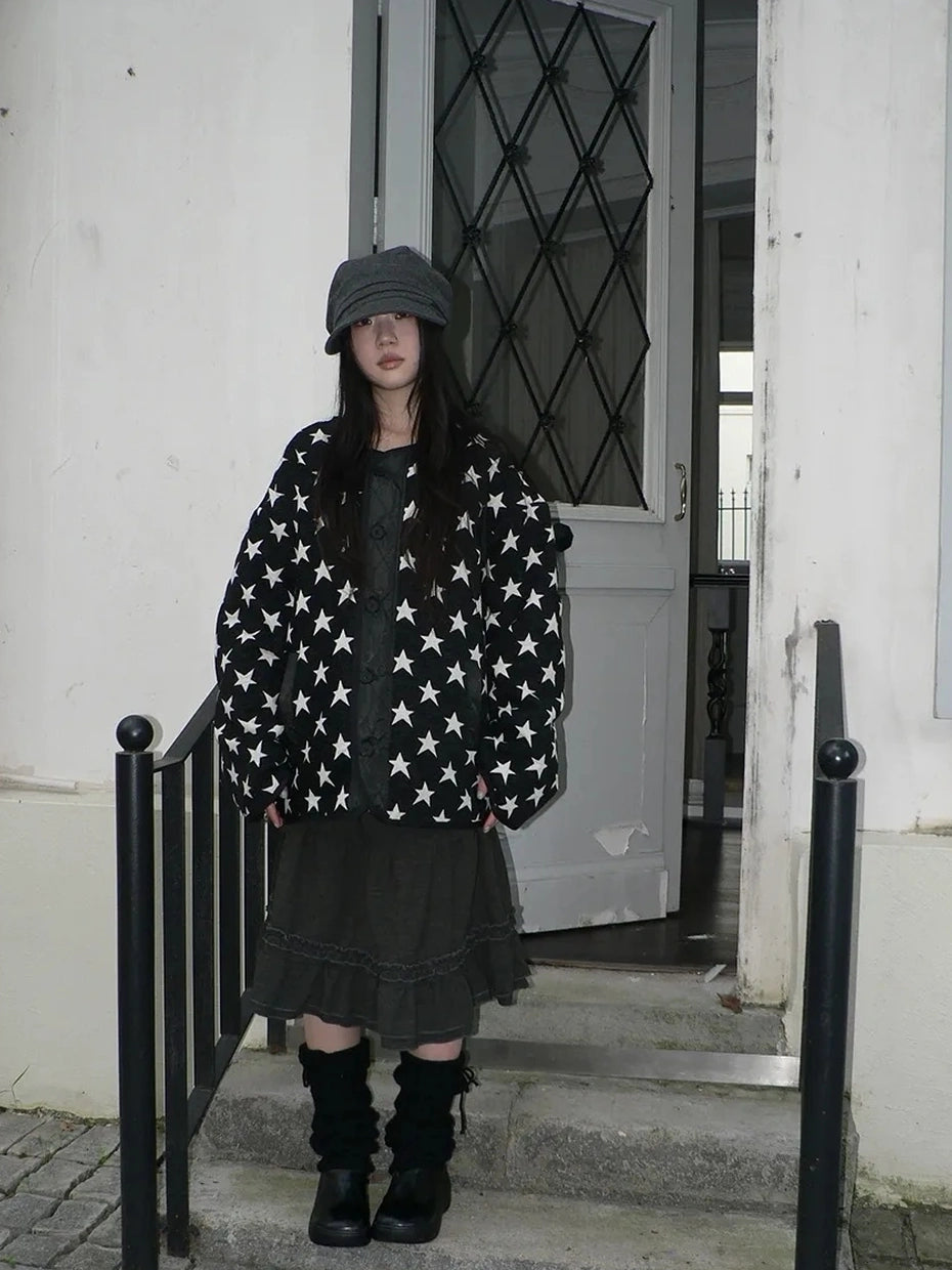 ang project Vintage Loose Fit Star Print Cotton Jacket Padded Jacket