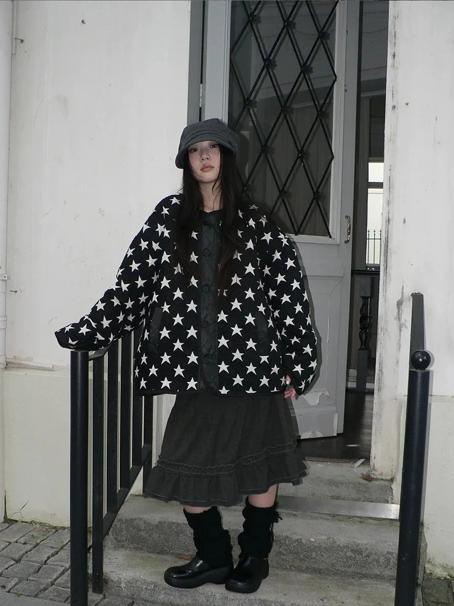 ang project Vintage Loose Fit Star Print Cotton Jacket Padded Jacket