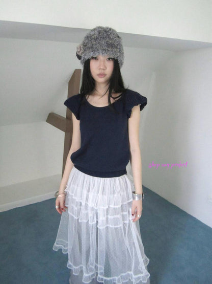ang project Vintage Loose Knit Short Sleeve With Flutter Sleeves