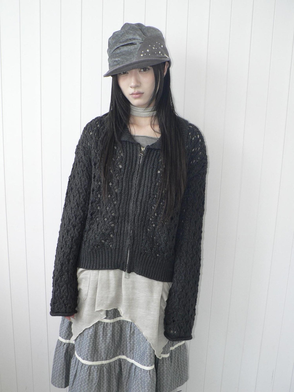 ang project Vintage Openwork Double Zip Lapel Collar Women&