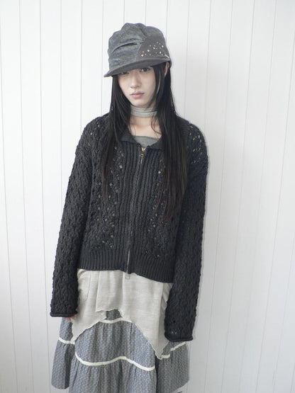 ang project Vintage Openwork Double Zip Lapel Collar Women&