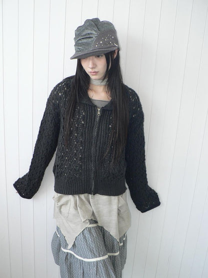 ang project Vintage Openwork Double Zip Lapel Collar Women&