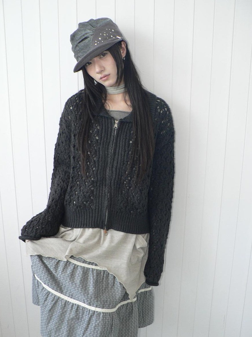 ang project Vintage Openwork Double Zip Lapel Collar Women&