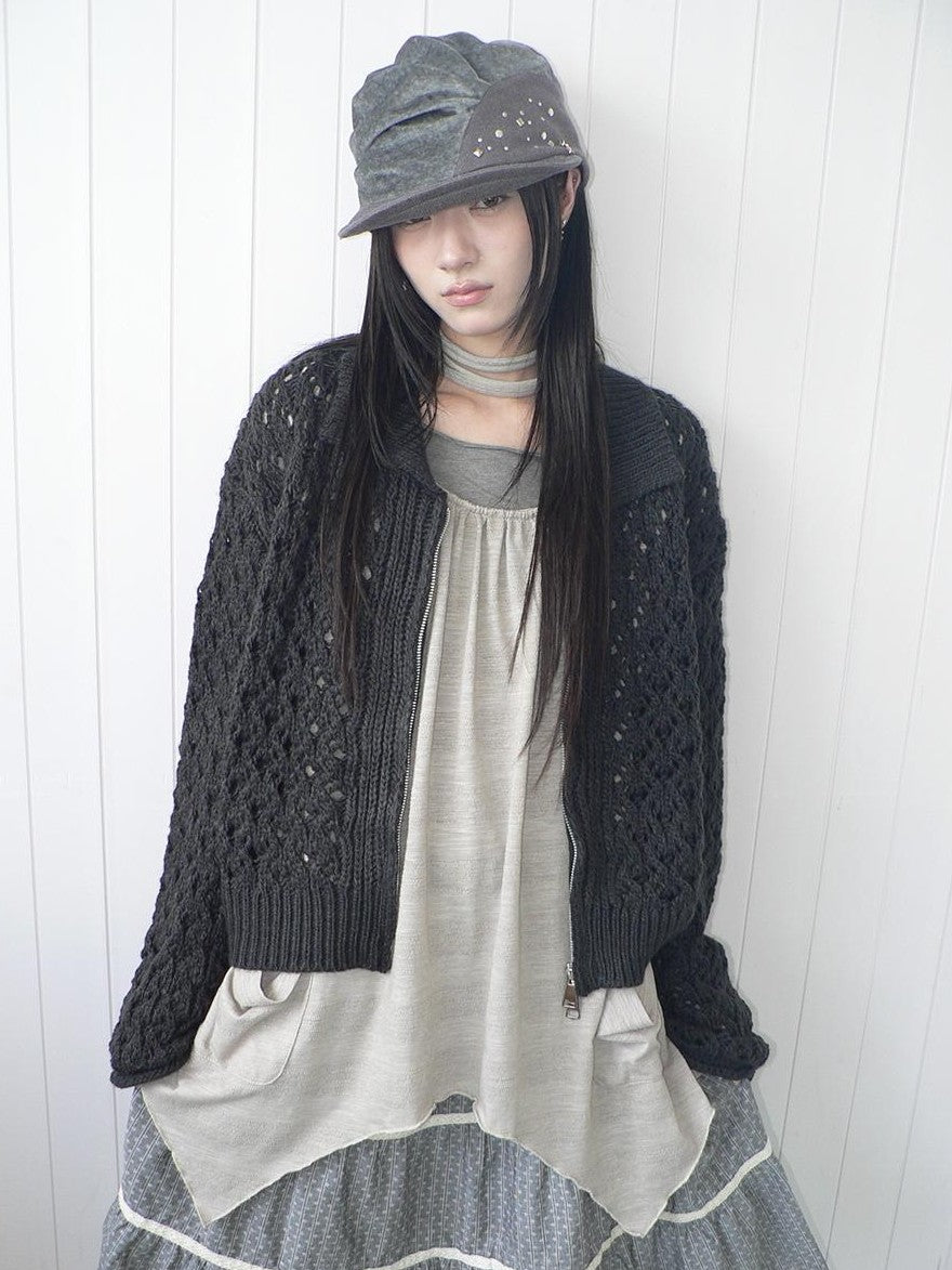 ang project Vintage Openwork Double Zip Lapel Collar Women&