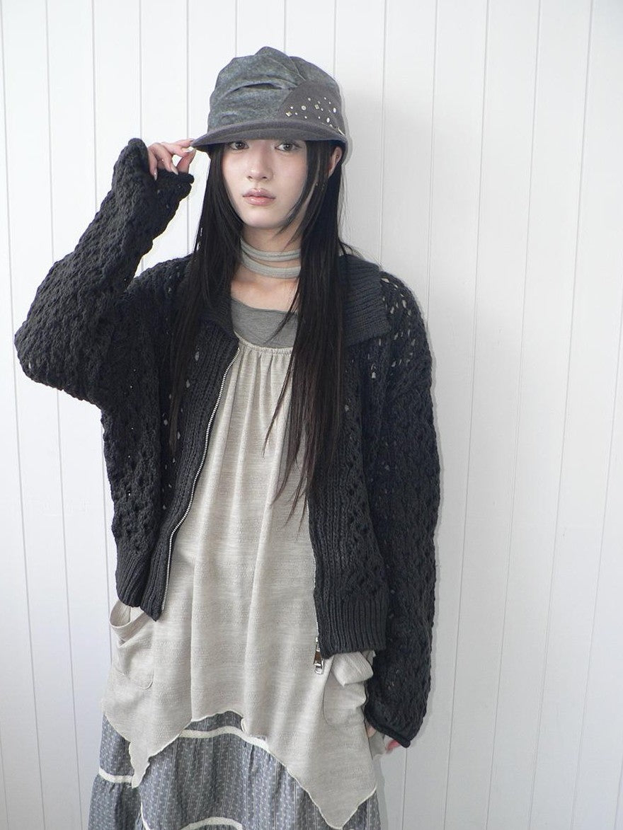 ang project Vintage Openwork Double Zip Lapel Collar Women&