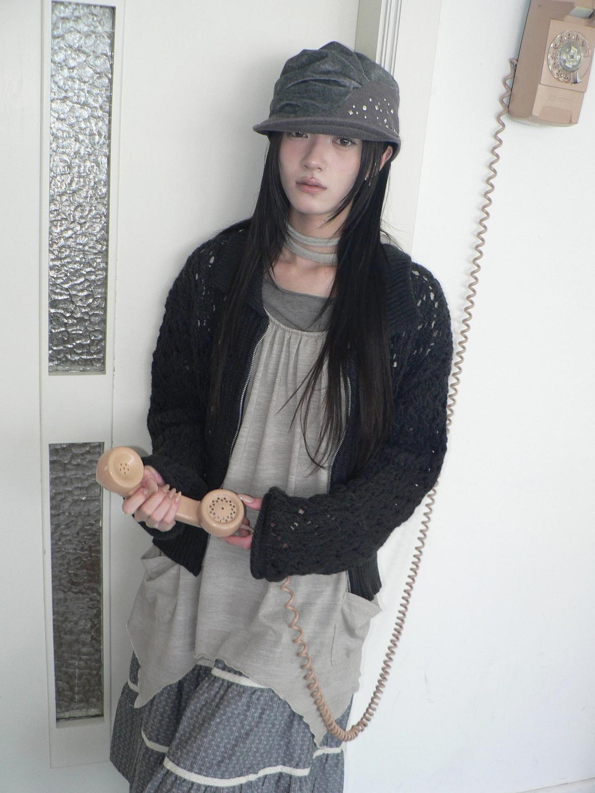 ang project Vintage Openwork Double Zip Lapel Collar Women&